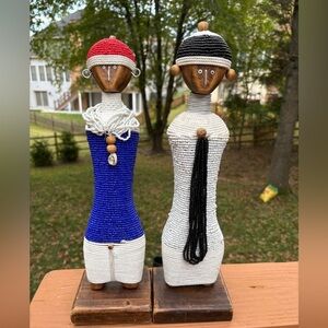 Set of 2 Ndebele Beaded Wooden Fertility Figurines in Blue and White, 15” tall
